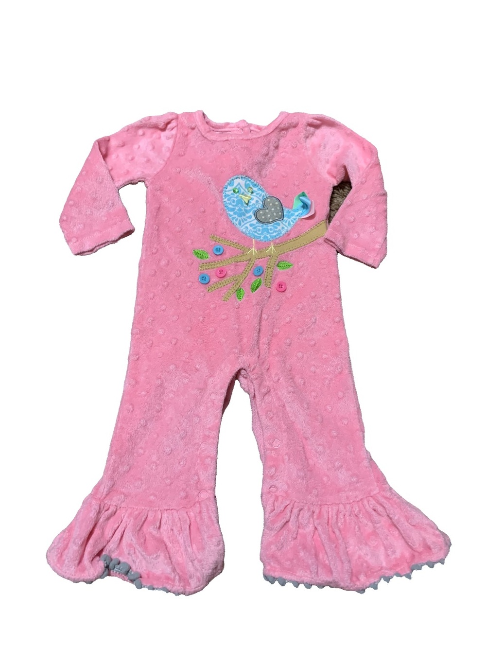 Mud Pie Pink Plush One-Piece with Blue Bird Appliqué